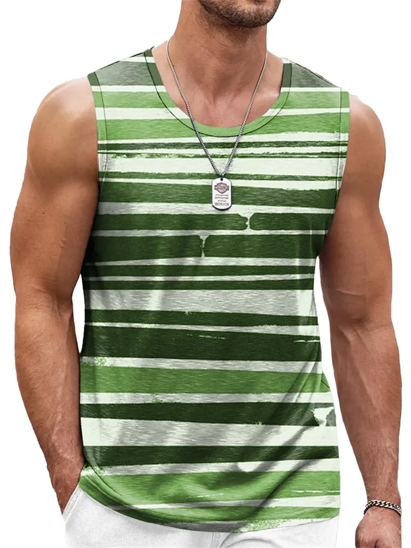 New Simple Color Striped 3D Printed Tank Tops Men Summer Sleeveless Casual Sports Vest Crew Neck Breathable Oversized Tees Tops