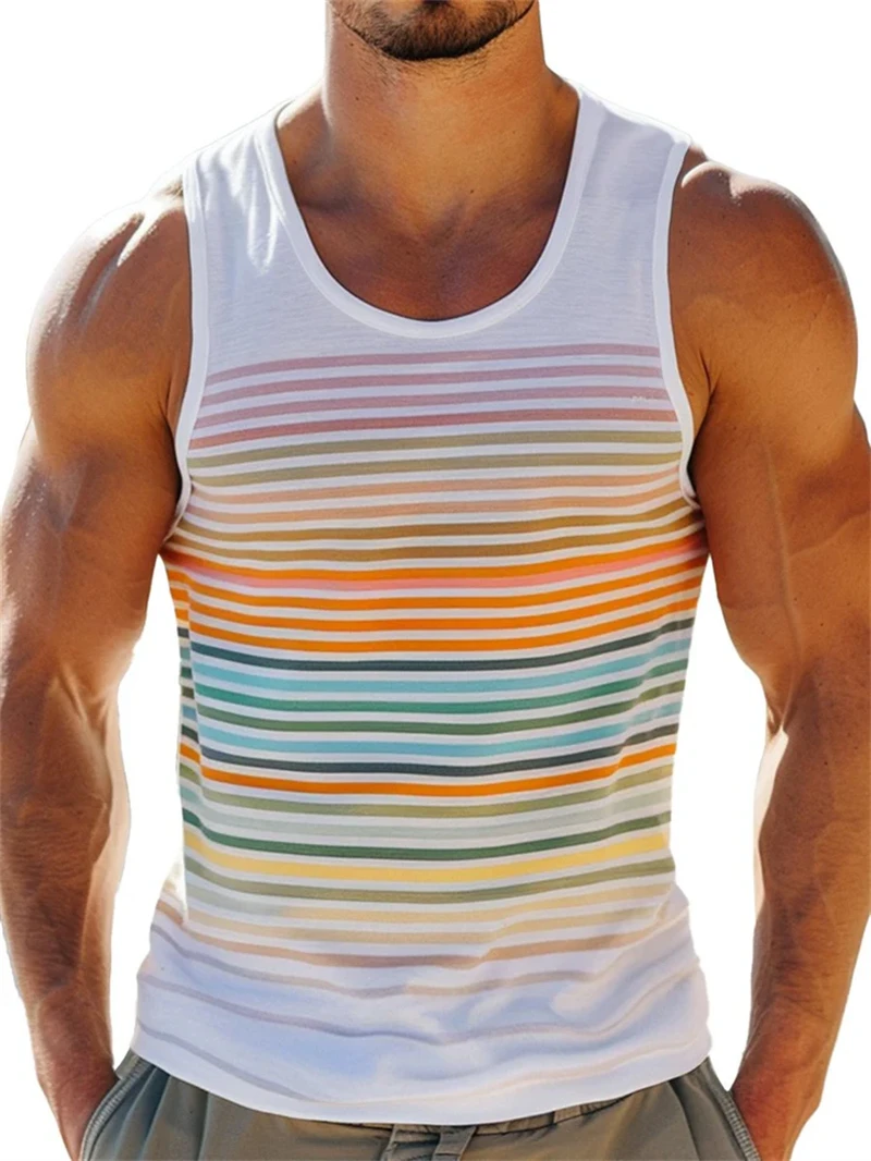 New Simple Color Striped 3D Printed Tank Tops Men Summer Sleeveless Casual Sports Vest Crew Neck Breathable Oversized Tees Tops