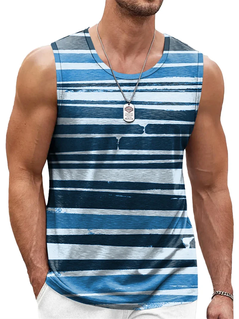 New Simple Color Striped 3D Printed Tank Tops Men Summer Sleeveless Casual Sports Vest Crew Neck Breathable Oversized Tees Tops