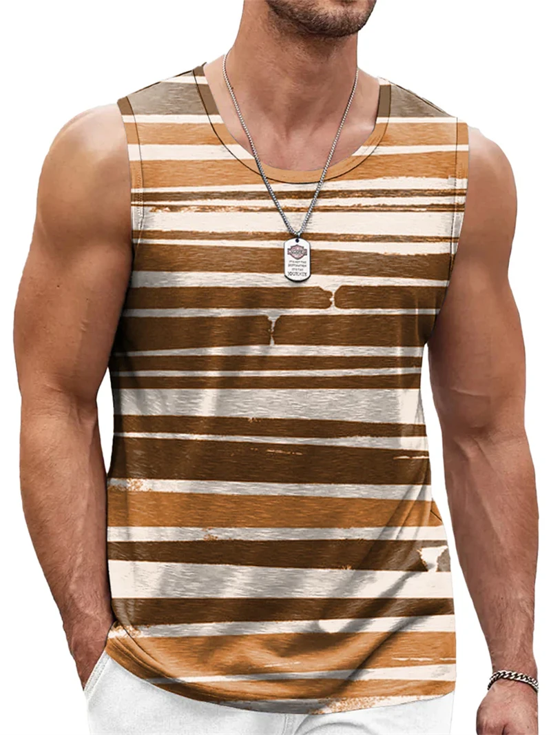 New Simple Color Striped 3D Printed Tank Tops Men Summer Sleeveless Casual Sports Vest Crew Neck Breathable Oversized Tees Tops