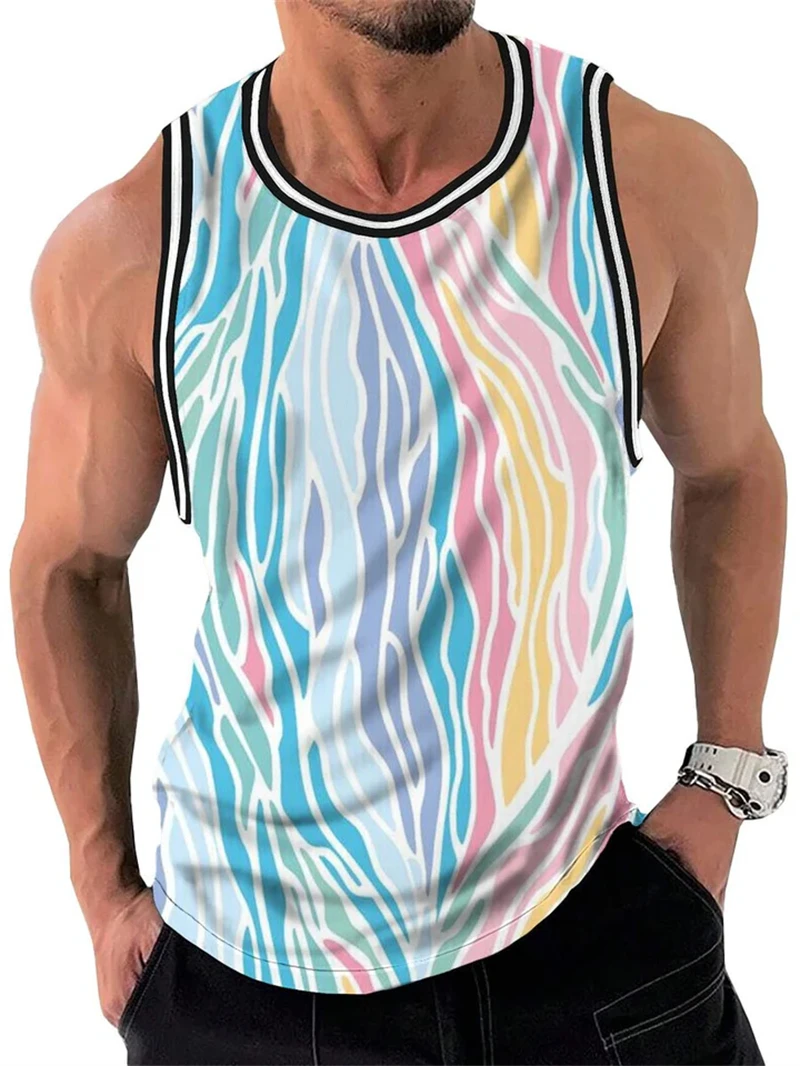 New Simple Color Striped 3D Printed Tank Tops Men Summer Sleeveless Casual Sports Vest Crew Neck Breathable Oversized Tees Tops