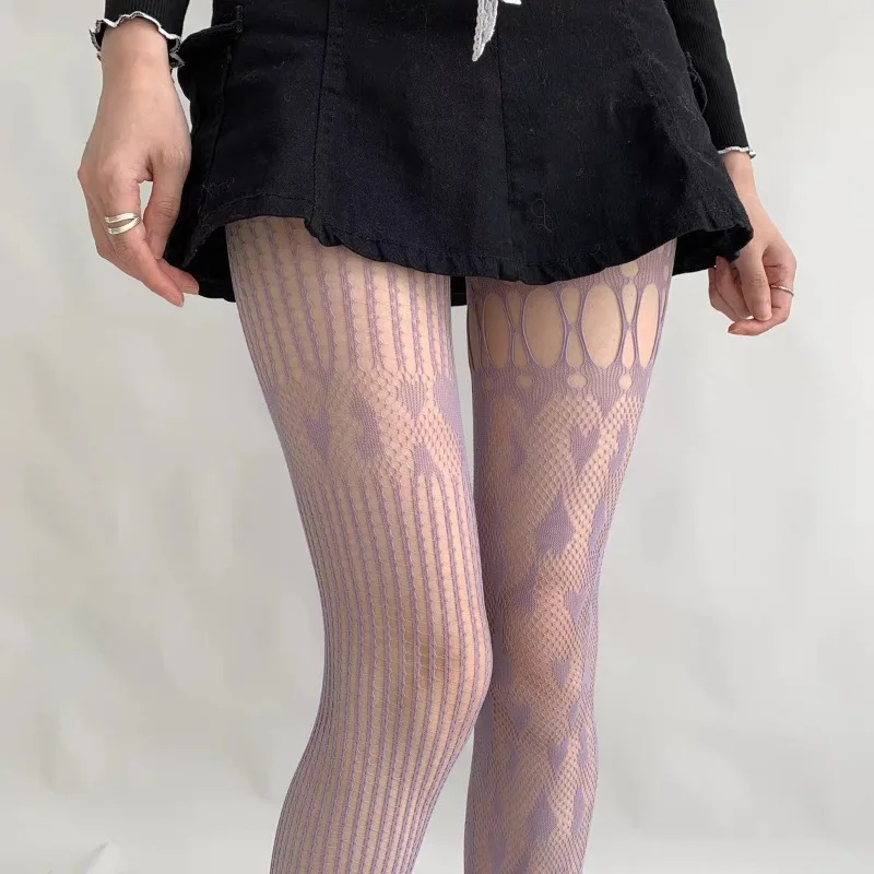 Sexy Fishnet Hollow Out Heart Pantyhose Women New Asymmetric Design Holes Slim Mesh Tights JK Japanese Style Y2k Nylon Hosiery
