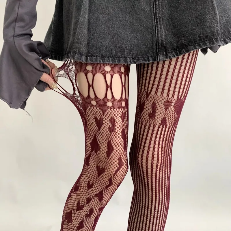 Sexy Fishnet Hollow Out Heart Pantyhose Women New Asymmetric Design Holes Slim Mesh Tights JK Japanese Style Y2k Nylon Hosiery