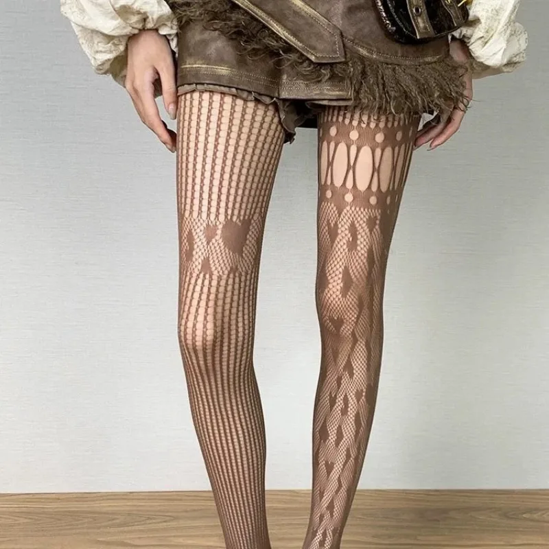 Sexy Fishnet Hollow Out Heart Pantyhose Women New Asymmetric Design Holes Slim Mesh Tights JK Japanese Style Y2k Nylon Hosiery