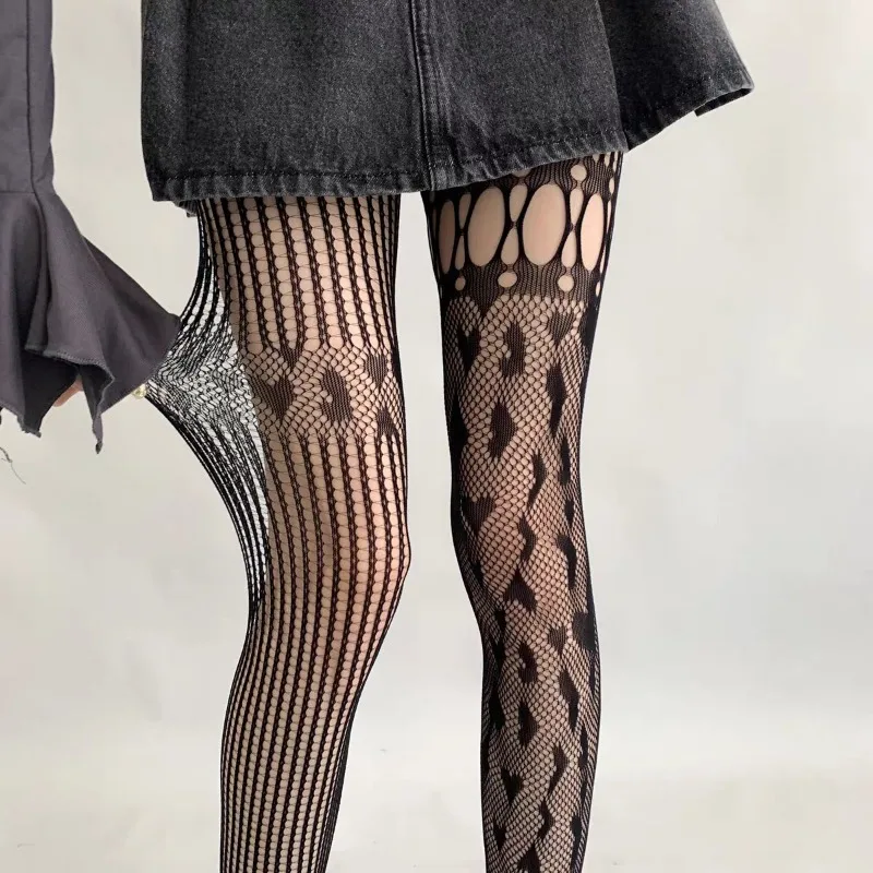 Sexy Fishnet Hollow Out Heart Pantyhose Women New Asymmetric Design Holes Slim Mesh Tights JK Japanese Style Y2k Nylon Hosiery