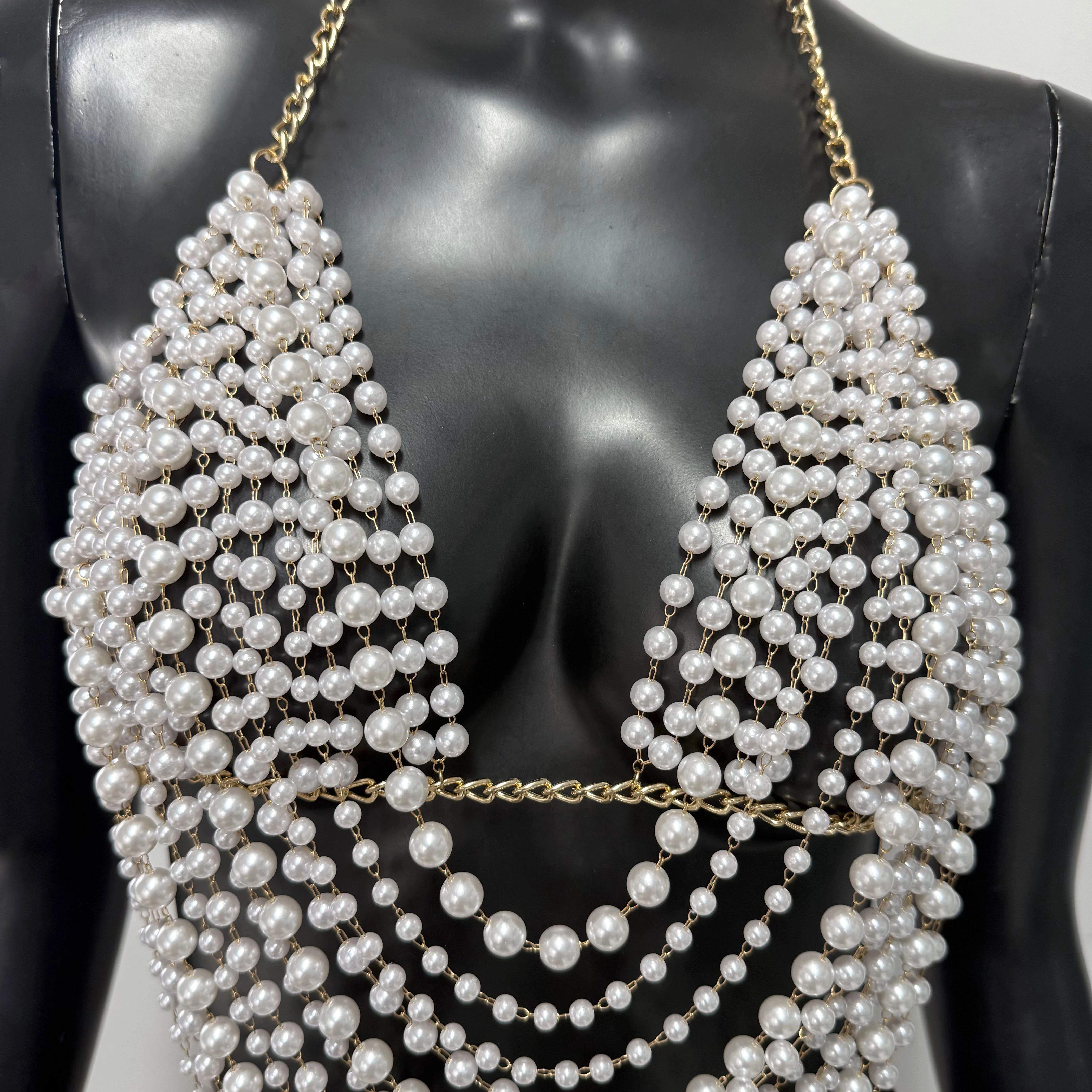 New Variety Of Body Chain Temperament White Pearl Suspender Silver Chain Top Metal Layered Fashionable Women's Clothing