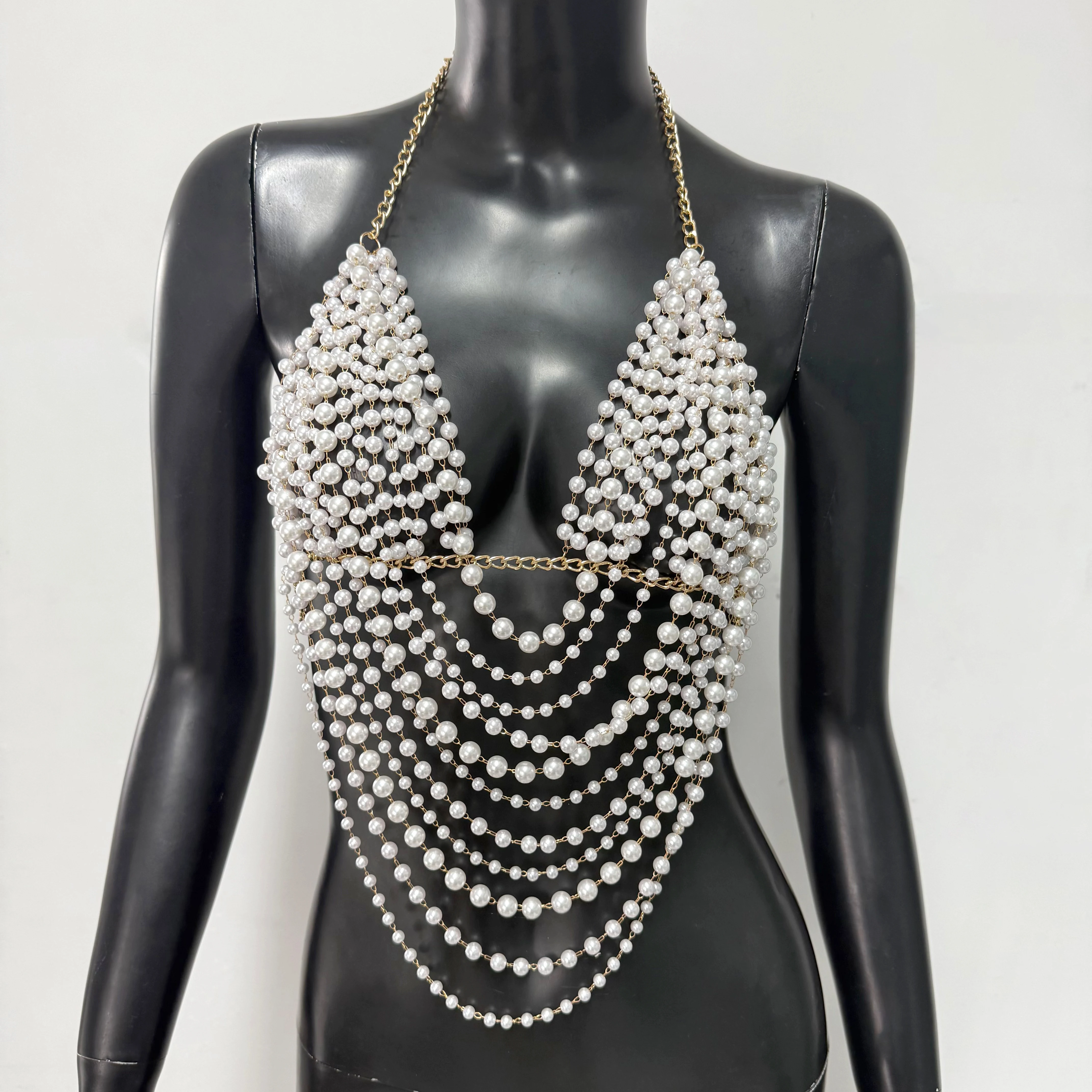 New Variety Of Body Chain Temperament White Pearl Suspender Silver Chain Top Metal Layered Fashionable Women's Clothing