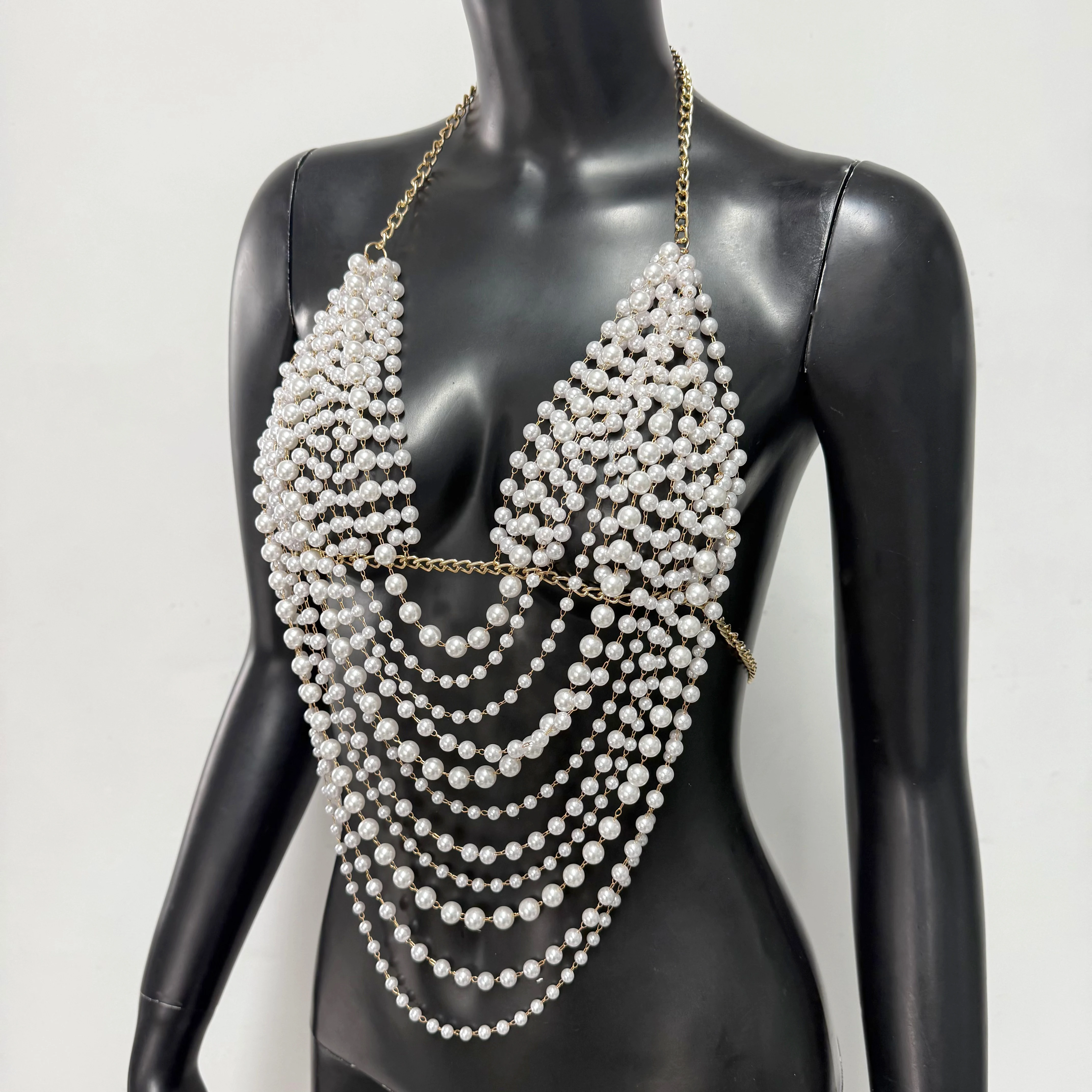 New Variety Of Body Chain Temperament White Pearl Suspender Silver Chain Top Metal Layered Fashionable Women's Clothing