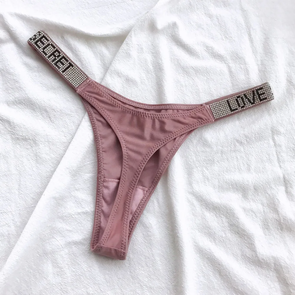 Sexy Triangle Fitness Sports With Letter Low Rise Briefs Sexy T-Back G-string Women Panties Rhinestone Thong