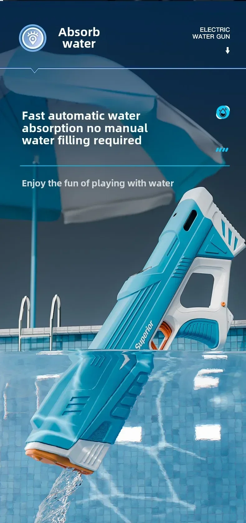 New Children Electric Water Gun Wholesale AutomaticWater Absorption Battery DisplayLarge Capacity Boys' Water PlayToyWaterGun