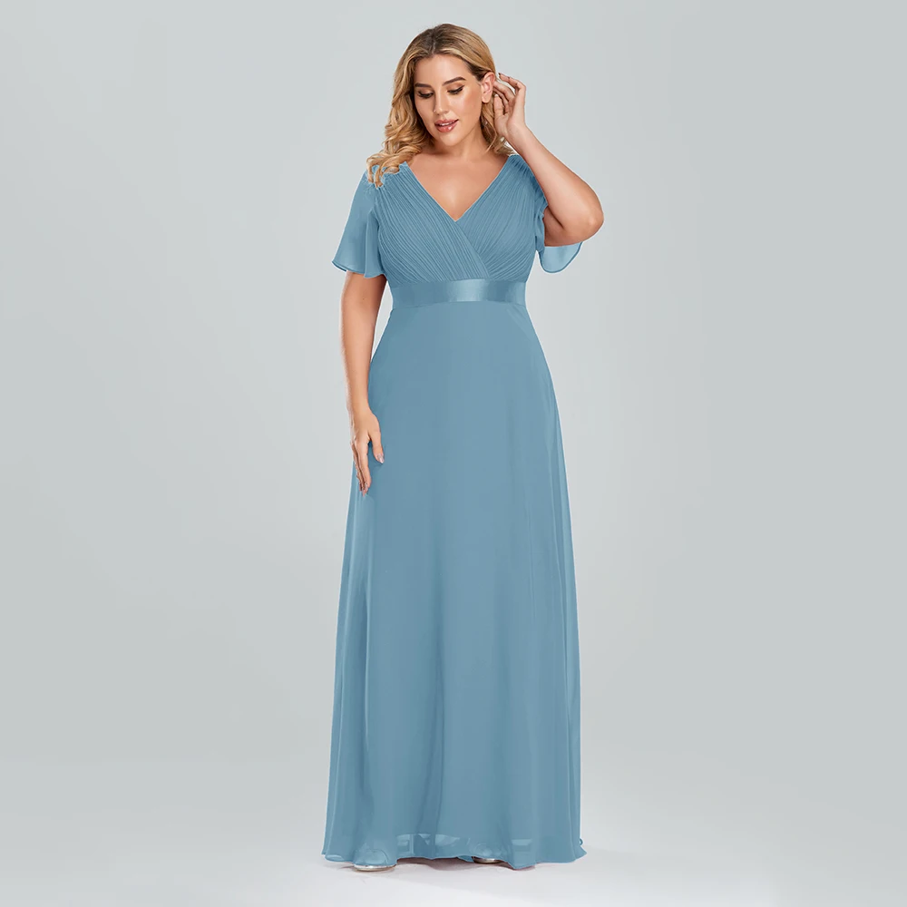 Plus Size Evening Dresses Long XUCTHHC Elegant A Line V Neck Ruffles Chiffon Formal Wedding Party Dress Robe De Soiree 2021