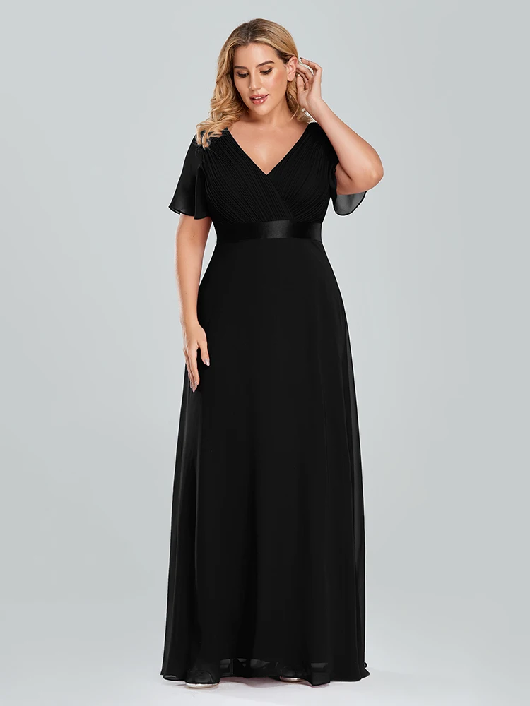 Plus Size Evening Dresses Long XUCTHHC Elegant A Line V Neck Ruffles Chiffon Formal Wedding Party Dress Robe De Soiree 2021