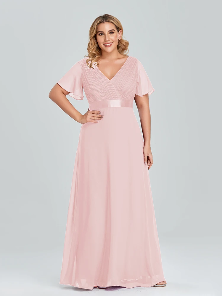 Plus Size Evening Dresses Long XUCTHHC Elegant A Line V Neck Ruffles Chiffon Formal Wedding Party Dress Robe De Soiree 2021