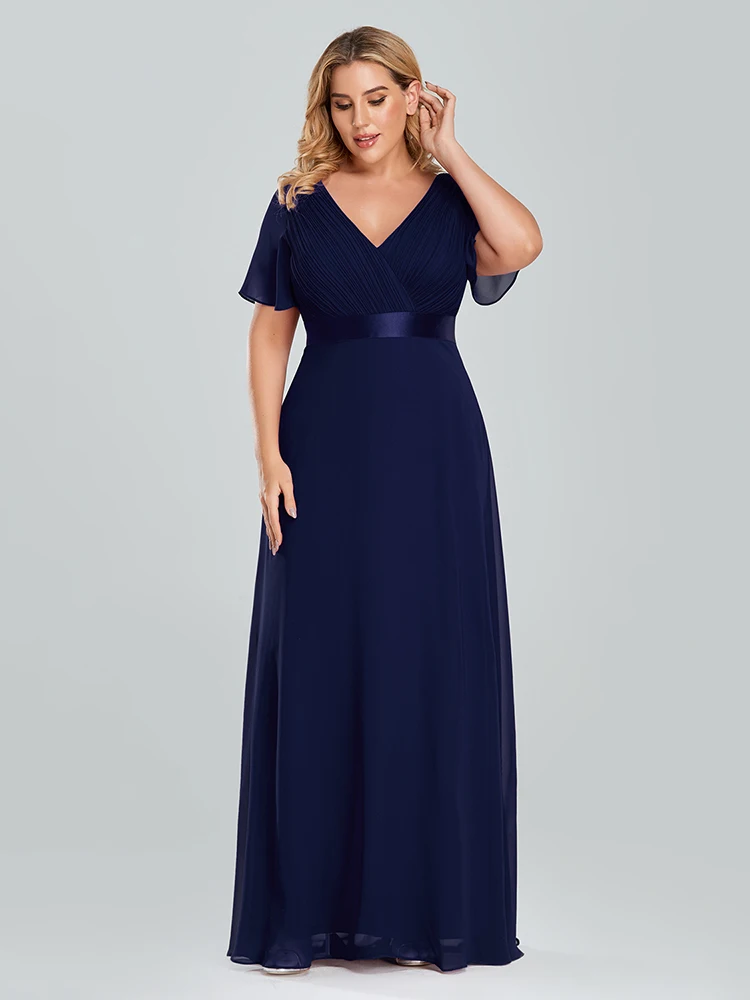 Plus Size Evening Dresses Long XUCTHHC Elegant A Line V Neck Ruffles Chiffon Formal Wedding Party Dress Robe De Soiree 2021