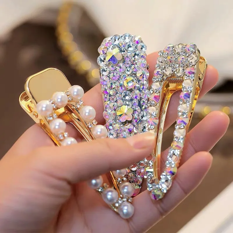 Korea Shiny Rhinestones Hair Clips Women Crystal Hairpin Geometric Waterdrop Imitiation Pearl Hair Accessories Girl Dropshipping