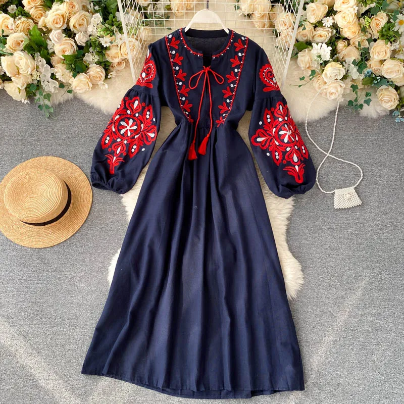 Women Autumn Dresses Bohemian Embroidered Flower O-Neck Lantern Sleeve High Waist Pleated Dress All-match Female Vestidos PL393
