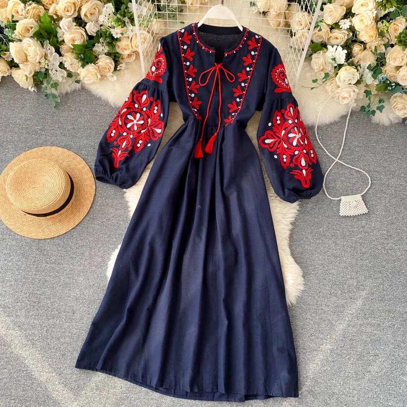 Women Autumn Dresses Bohemian Embroidered Flower O-Neck Lantern Sleeve High Waist Pleated Dress All-match Female Vestidos PL393