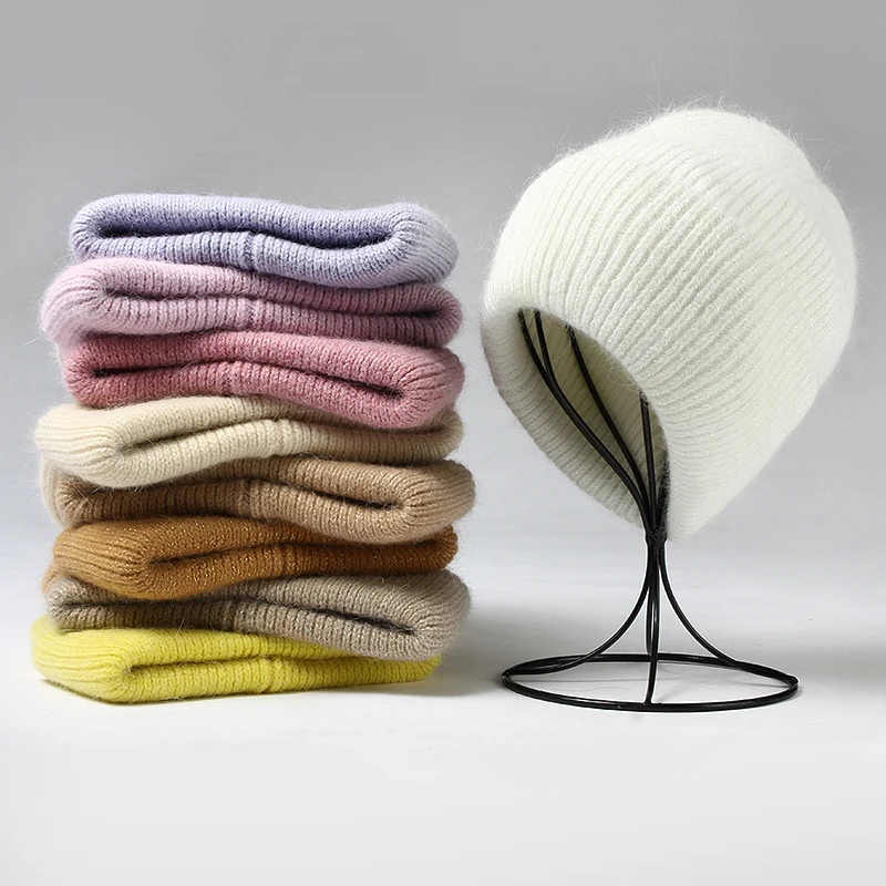 VISROVER 9 Colors Unisex Solid Color Real Rabbit Fur Beanies Winter Hat For Woman Knit Bonnet Acrylic Woman Autumn Warm Skullies