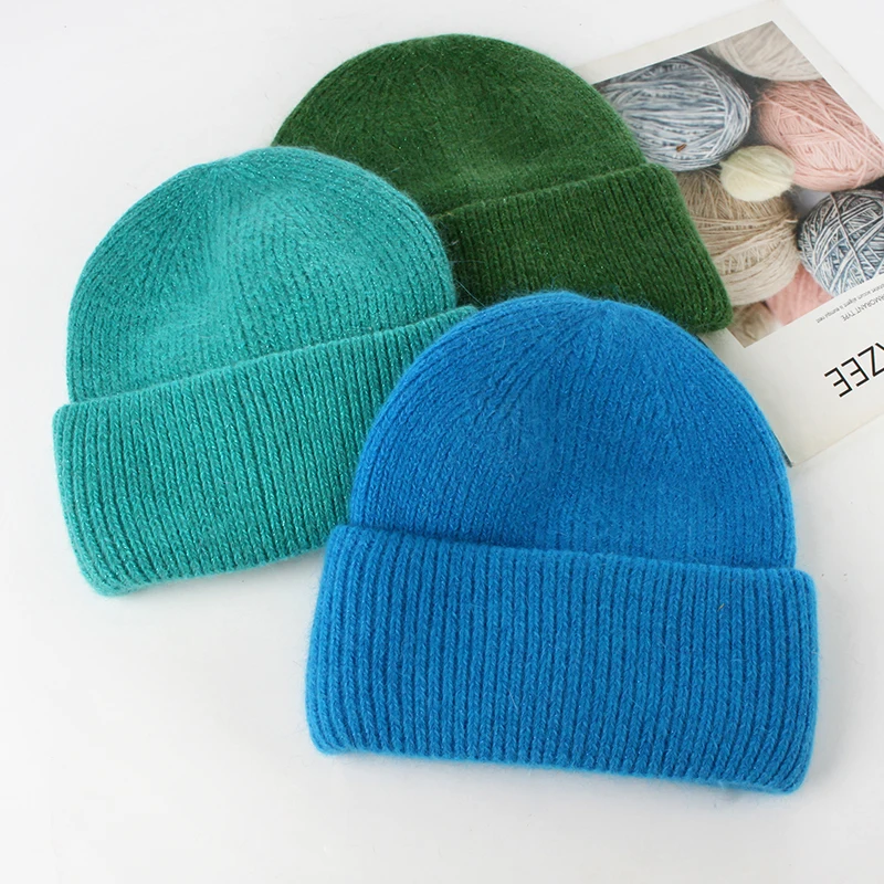 VISROVER 9 Colors Unisex Solid Color Real Rabbit Fur Beanies Winter Hat For Woman Knit Bonnet Acrylic Woman Autumn Warm Skullies