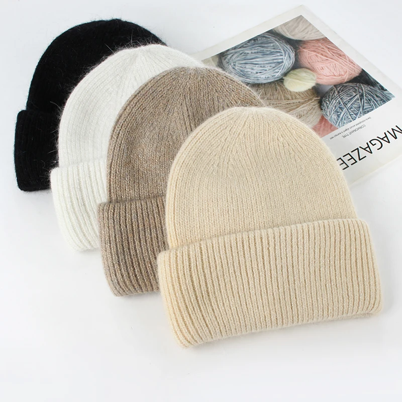 VISROVER 9 Colors Unisex Solid Color Real Rabbit Fur Beanies Winter Hat For Woman Knit Bonnet Acrylic Woman Autumn Warm Skullies