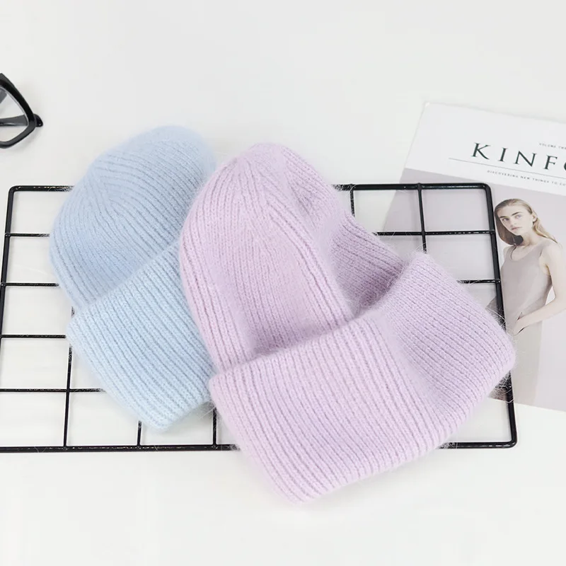 VISROVER 9 Colors Unisex Solid Color Real Rabbit Fur Beanies Winter Hat For Woman Knit Bonnet Acrylic Woman Autumn Warm Skullies