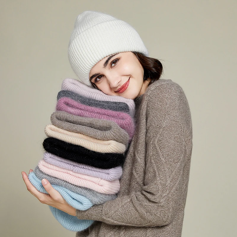 VISROVER 9 Colors Unisex Solid Color Real Rabbit Fur Beanies Winter Hat For Woman Knit Bonnet Acrylic Woman Autumn Warm Skullies