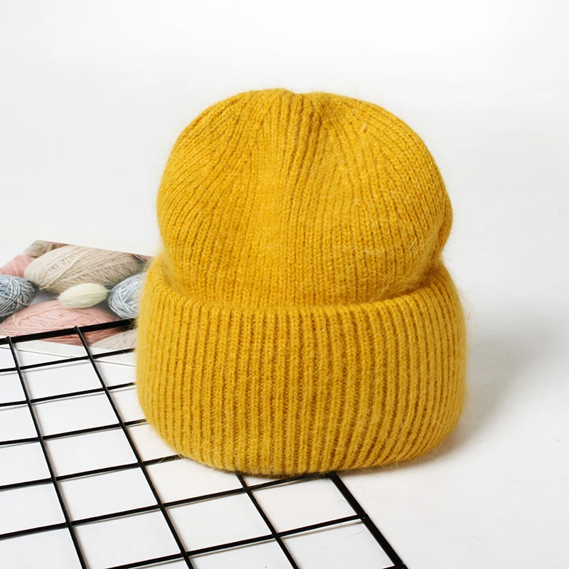 VISROVER 9 Colors Unisex Solid Color Real Rabbit Fur Beanies Winter Hat For Woman Knit Bonnet Acrylic Woman Autumn Warm Skullies