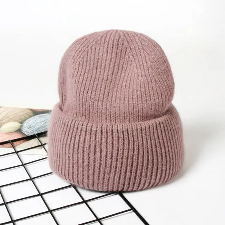 VISROVER 9 Colors Unisex Solid Color Real Rabbit Fur Beanies Winter Hat For Woman Knit Bonnet Acrylic Woman Autumn Warm Skullies
