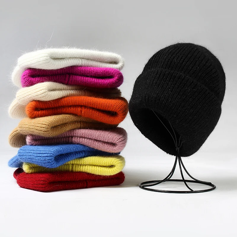 VISROVER 9 Colors Unisex Solid Color Real Rabbit Fur Beanies Winter Hat For Woman Knit Bonnet Acrylic Woman Autumn Warm Skullies