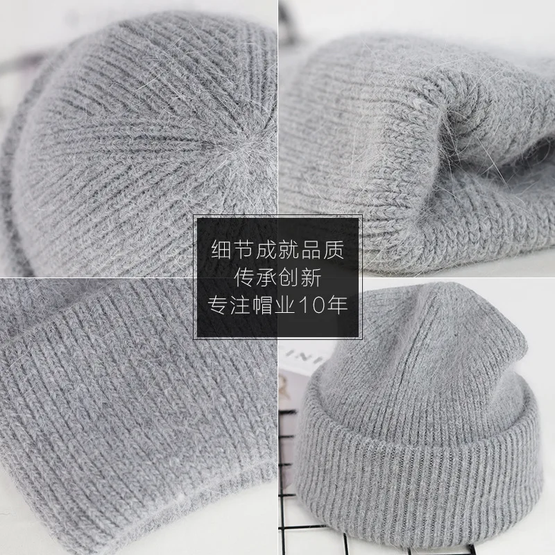 VISROVER 9 Colors Unisex Solid Color Real Rabbit Fur Beanies Winter Hat For Woman Knit Bonnet Acrylic Woman Autumn Warm Skullies