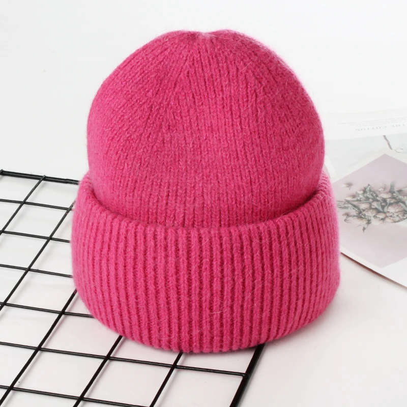 VISROVER 9 Colors Unisex Solid Color Real Rabbit Fur Beanies Winter Hat For Woman Knit Bonnet Acrylic Woman Autumn Warm Skullies
