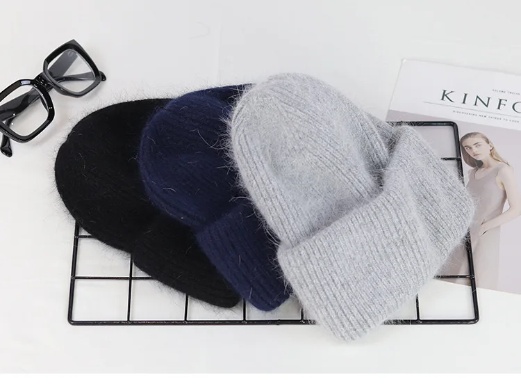 VISROVER 9 Colors Unisex Solid Color Real Rabbit Fur Beanies Winter Hat For Woman Knit Bonnet Acrylic Woman Autumn Warm Skullies
