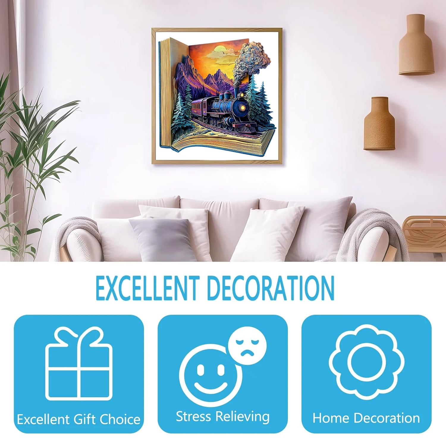 Wooden Puzzle for Adults - the Train in the Book Puzzle, Unique Shape Wooden Jigsaw Puzzles, Modern Art Home Decor