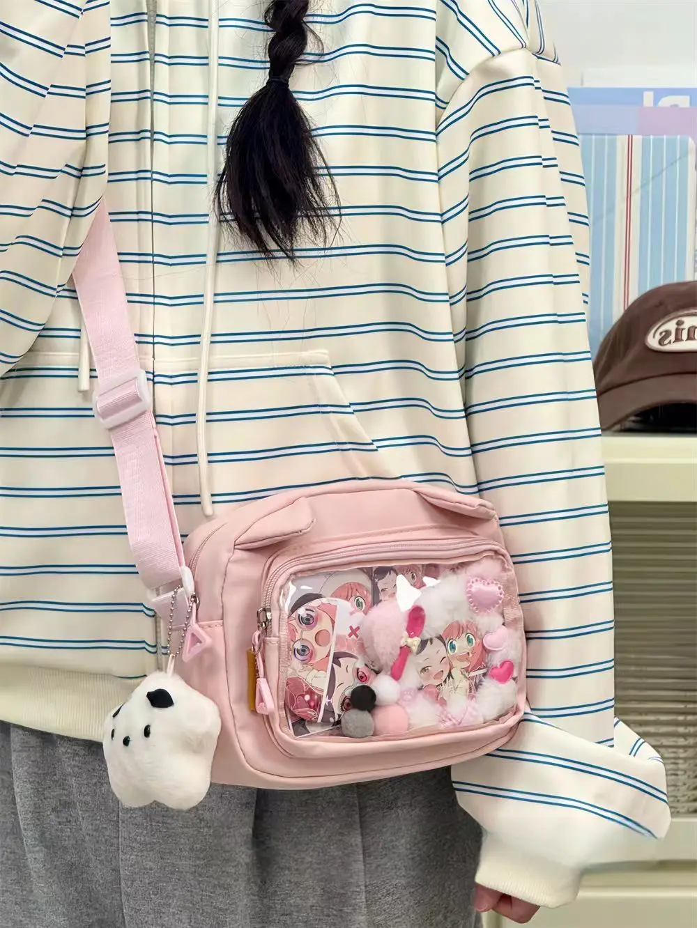 Japanese Harajuku Cute Girls Y2K Transparent Cartoon Ita Bag Ulzzang Doll Bag Versatile Crossbody Bag Casual Mobile Phone Bag