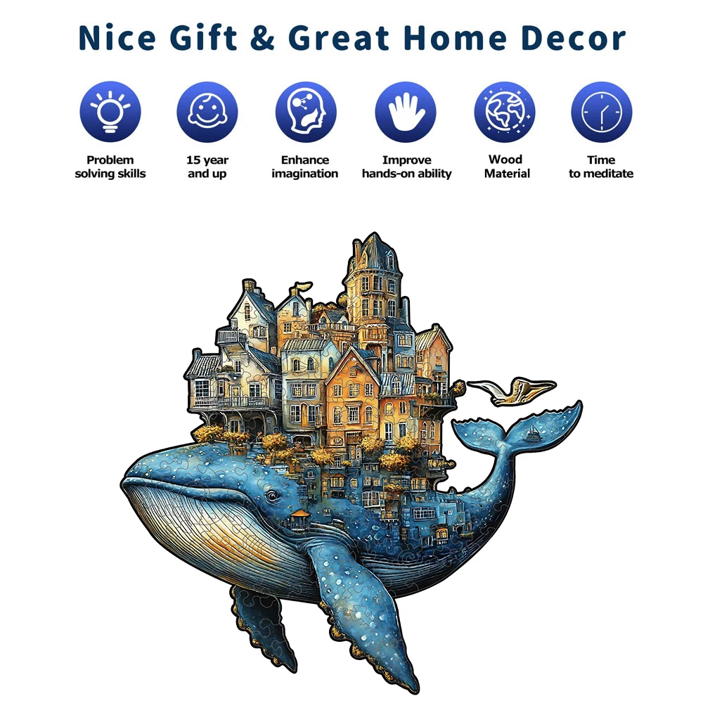 Wooden Puzzle for Adults -Whale Castle Puzzle, Unique Shape Wooden Jigsaw Puzzles, Modern Art Home Decor, Good Gift Idea