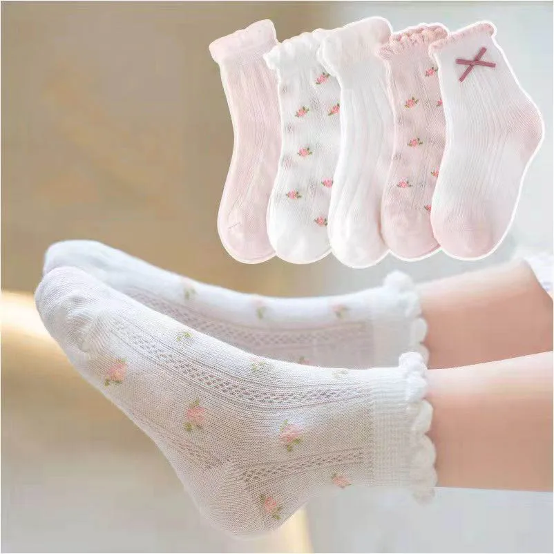 5Pairs/Set Summer Cute Sweet Kids Girls Socks Cotton All Print Children Socks Casual Mesh Cool Princess Socks 1-12Y Girls Socks