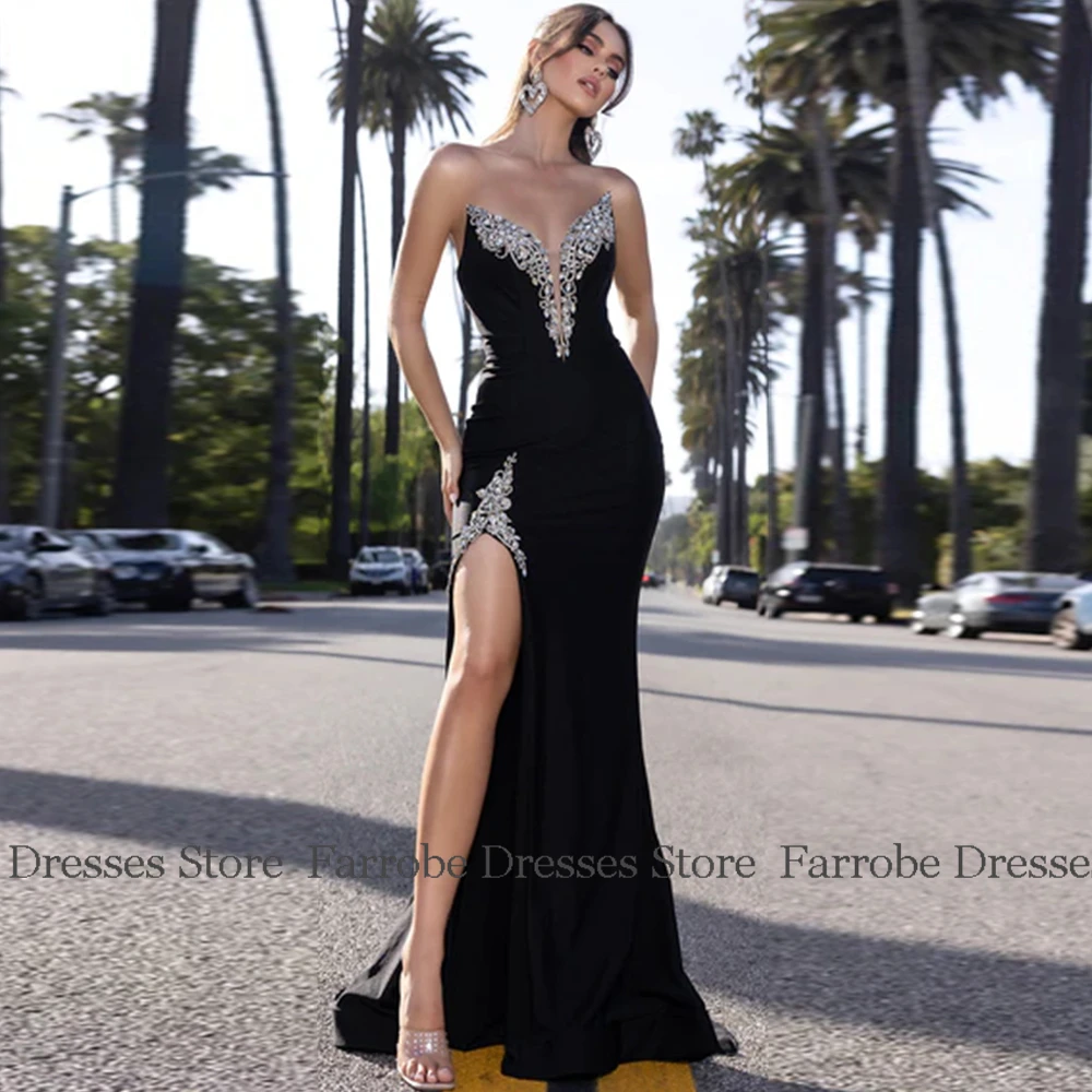 Luxury Dresses for Party Mermaid/Trumpet Satin Evening Dress Black Sweetheart Rhinestones/Crystals Side Split Prom Dress Long