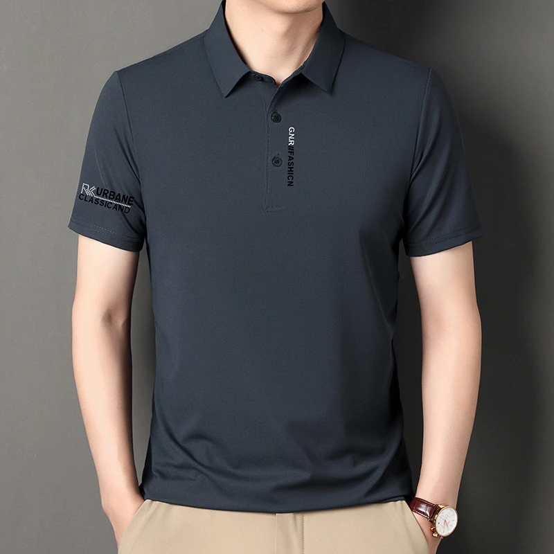 New Men's Business Casual Short Sleeved Shirt with Badge Solid Color Polo Shirt Fashionable Breathable Comfortable Versatile Top