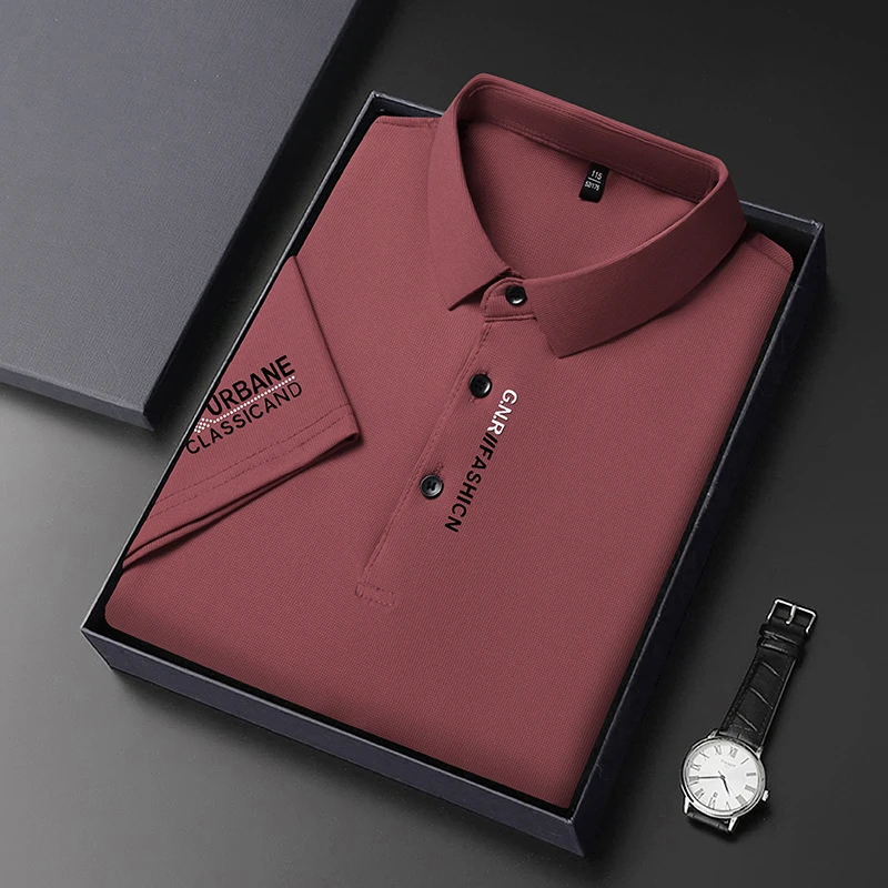 New Men's Business Casual Short Sleeved Shirt with Badge Solid Color Polo Shirt Fashionable Breathable Comfortable Versatile Top