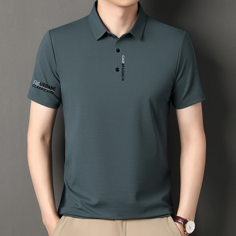 New Men's Business Casual Short Sleeved Shirt with Badge Solid Color Polo Shirt Fashionable Breathable Comfortable Versatile Top