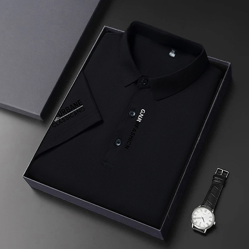 New Men's Business Casual Short Sleeved Shirt with Badge Solid Color Polo Shirt Fashionable Breathable Comfortable Versatile Top