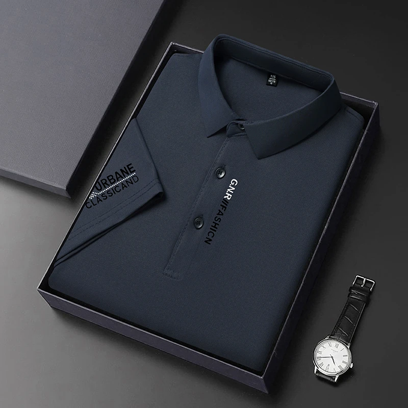 New Men's Business Casual Short Sleeved Shirt with Badge Solid Color Polo Shirt Fashionable Breathable Comfortable Versatile Top