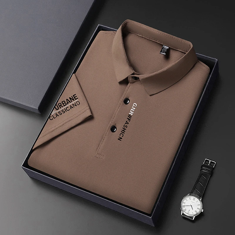 New Men's Business Casual Short Sleeved Shirt with Badge Solid Color Polo Shirt Fashionable Breathable Comfortable Versatile Top
