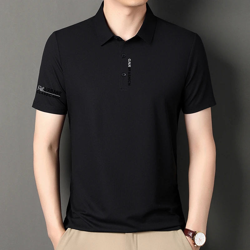 New Men's Business Casual Short Sleeved Shirt with Badge Solid Color Polo Shirt Fashionable Breathable Comfortable Versatile Top