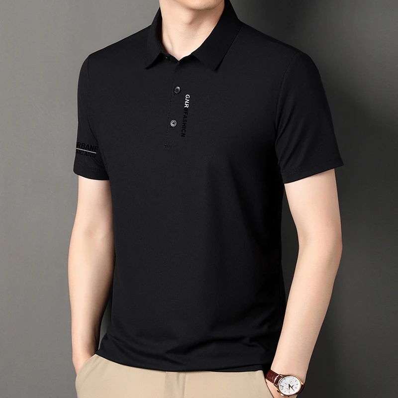 New Men's Business Casual Short Sleeved Shirt with Badge Solid Color Polo Shirt Fashionable Breathable Comfortable Versatile Top
