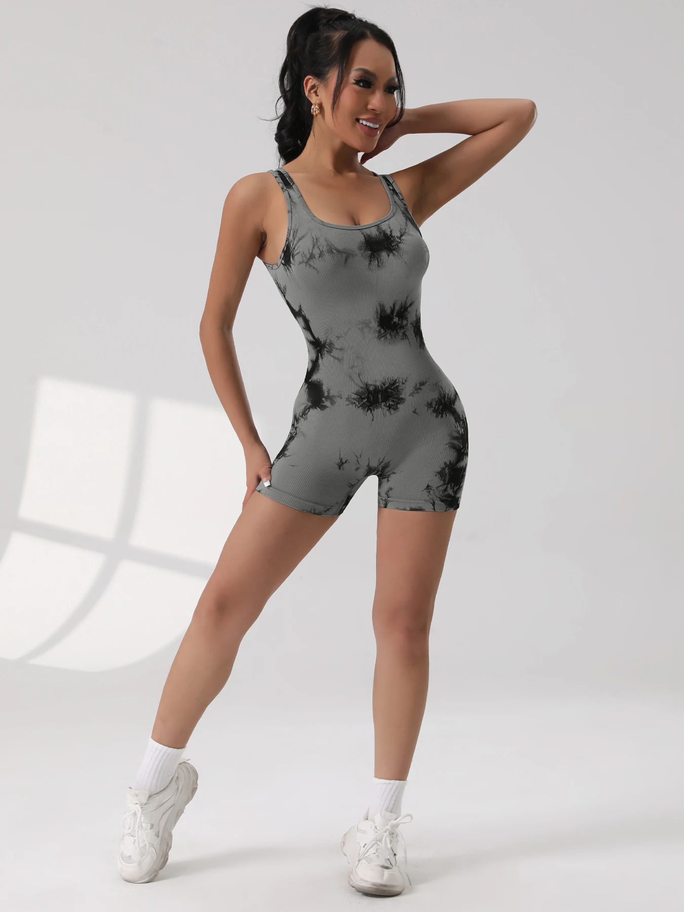 1PCS Tie Die Beautiful Back Yoga Suit Stretch Butt-Lifting Sports Jumpsuit Breathable Threaded Women Bodysuit without Pad