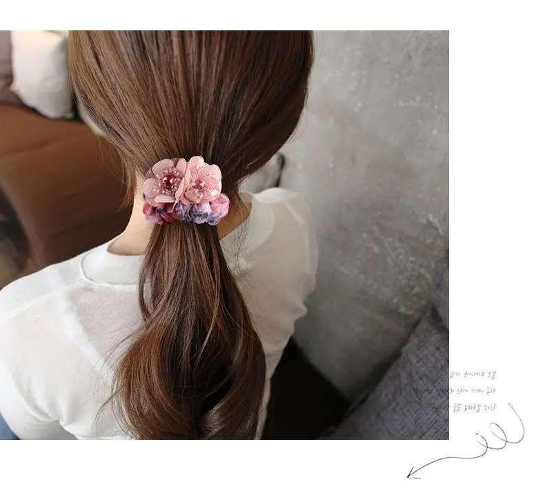 Korean Elegant Flower Scrunchies Women Girls Elastic Hair Rubber Bands Accessories Tie Hair Ring Rope Ponytail Holder Headdress