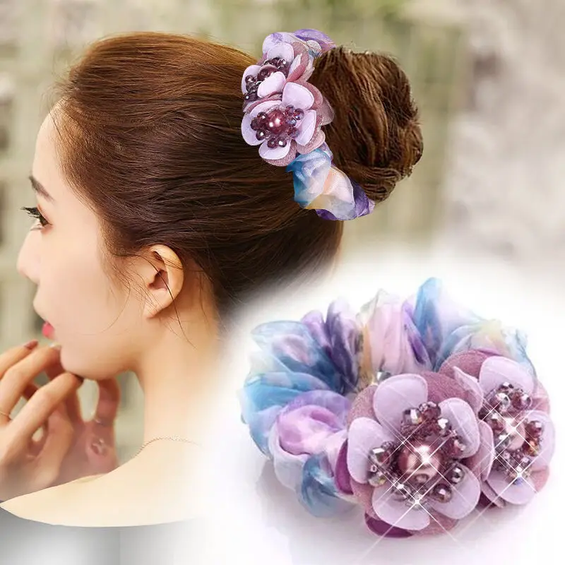 Korean Elegant Flower Scrunchies Women Girls Elastic Hair Rubber Bands Accessories Tie Hair Ring Rope Ponytail Holder Headdress