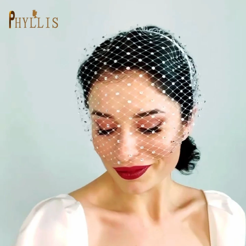 JM06 White Black Bridal Headband Veil Crystal Birdcage Veil Face Net Mask Bling White Diamante Hair Hoop Headpiece Face Veil