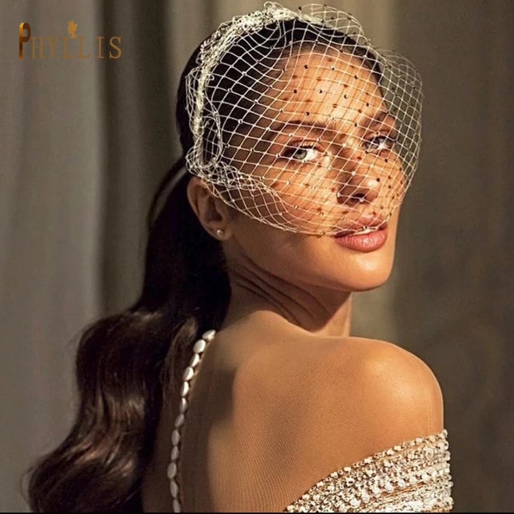 JM06 White Black Bridal Headband Veil Crystal Birdcage Veil Face Net Mask Bling White Diamante Hair Hoop Headpiece Face Veil